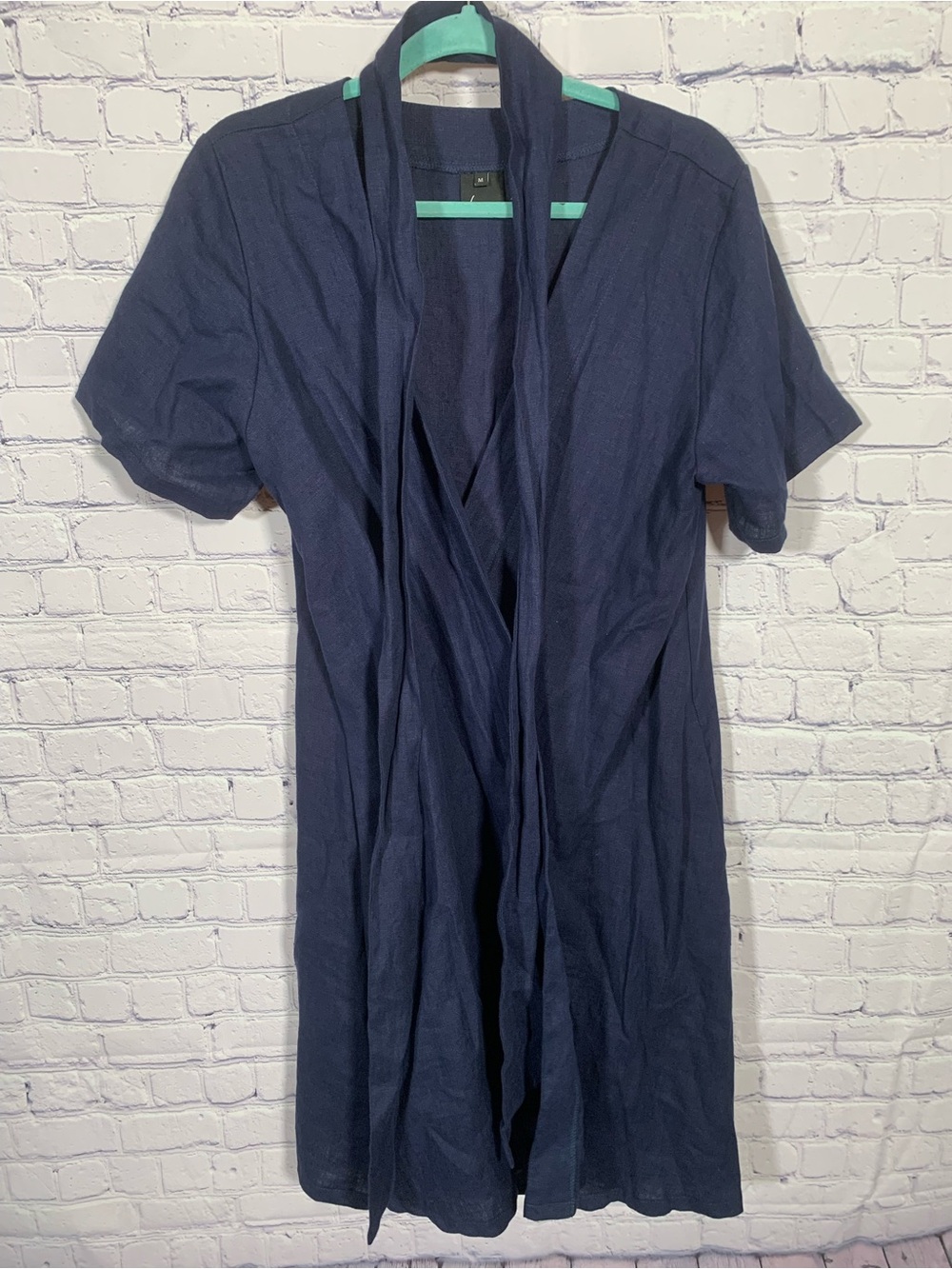 Le Muse Womens Linen Wrap Dress Navy Sz M Lightweight Belted Short Sleeves Beach
